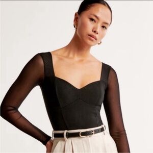 Abercrombie & Fitch Black Mesh Sleeve Corset Bodysuit XS Sweetheart Neck